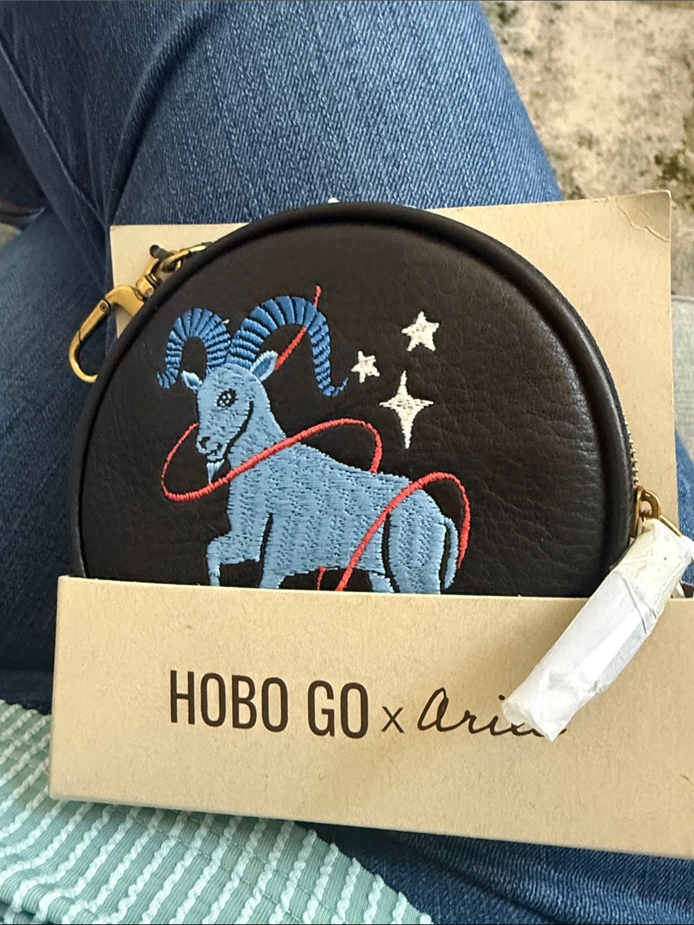 HOBO Black Mini Round Zodiac Coin Pouch with Blue Embroidered Ram
